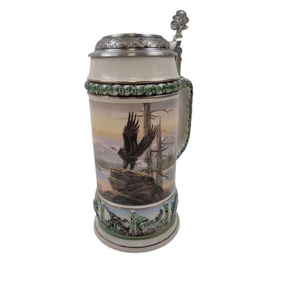 Domex Beer Stein Pewter Flip Lid Stoneware Body Eagles Gold Trim Vintage - Picture 3 of 7